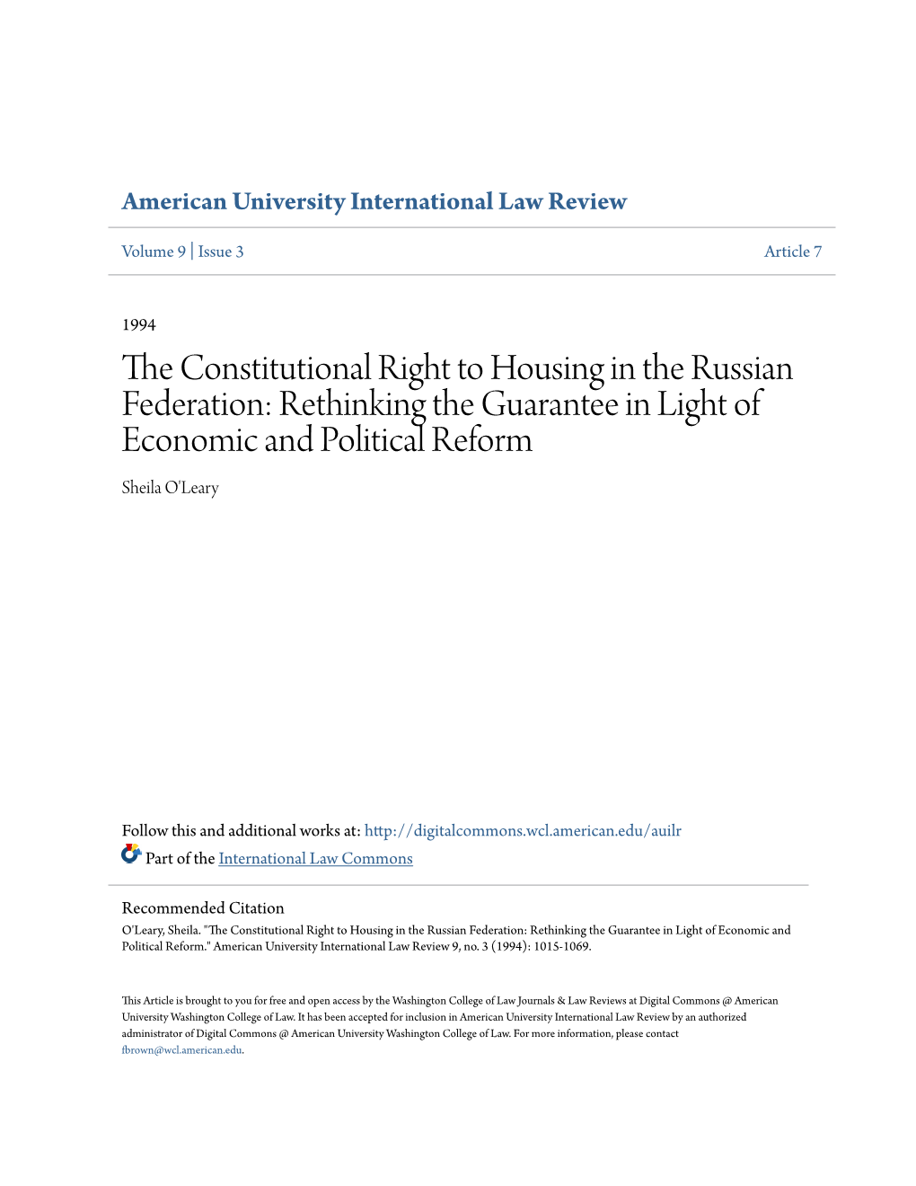 The Constitutional Right to Housing in the Russian Federation: Rethinking the Guarantee in Light of Economic and Political Reform