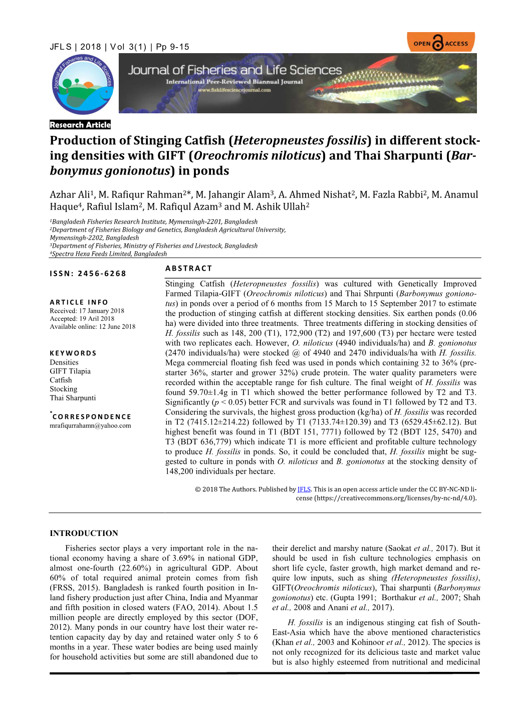 (Heteropneustes Fossilis) in Different Stock- Ing Densities with GIFT (Oreochromis Niloticus) and Thai Sharpunti (Bar- Bonymus Gonionotus) in Ponds