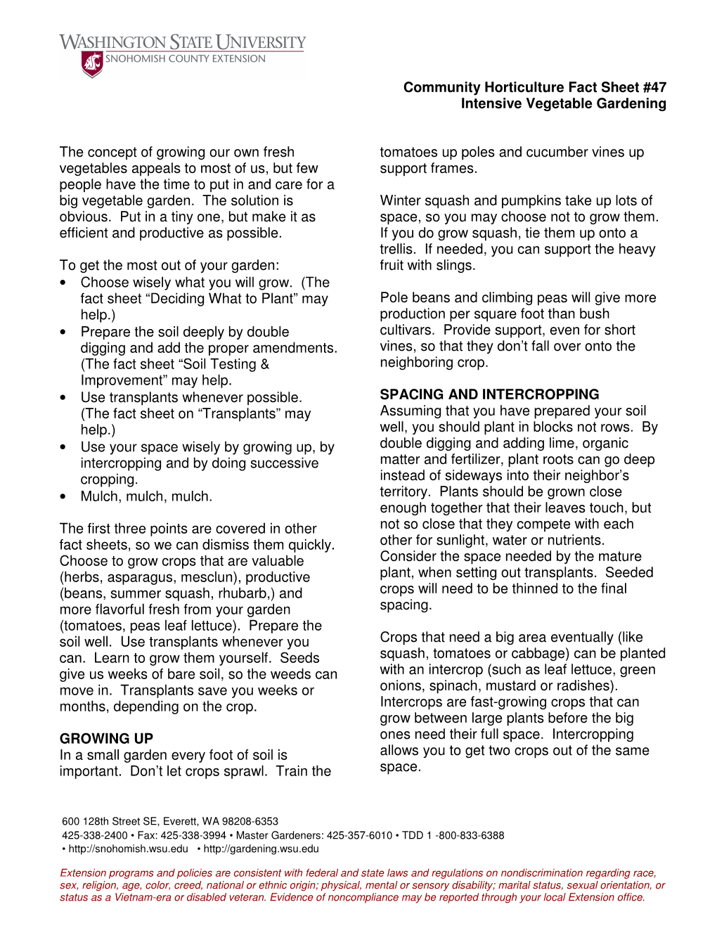 Community Horticulture Fact Sheet #47 Intensive Vegetable Gardening