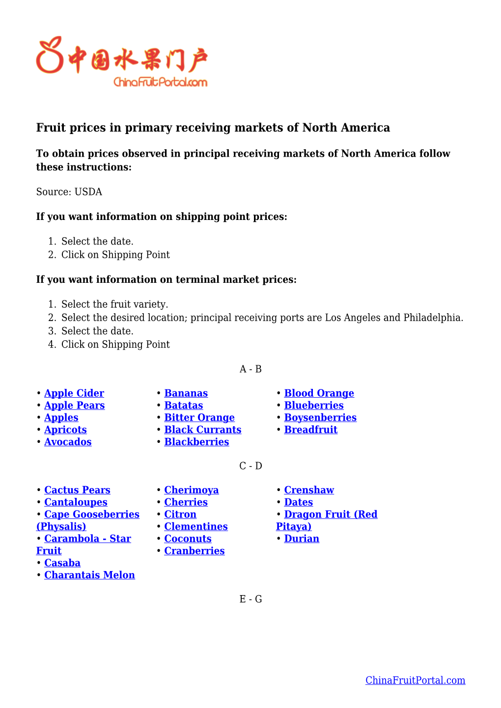 Fruit Prices in Primary Receiving Markets of North America