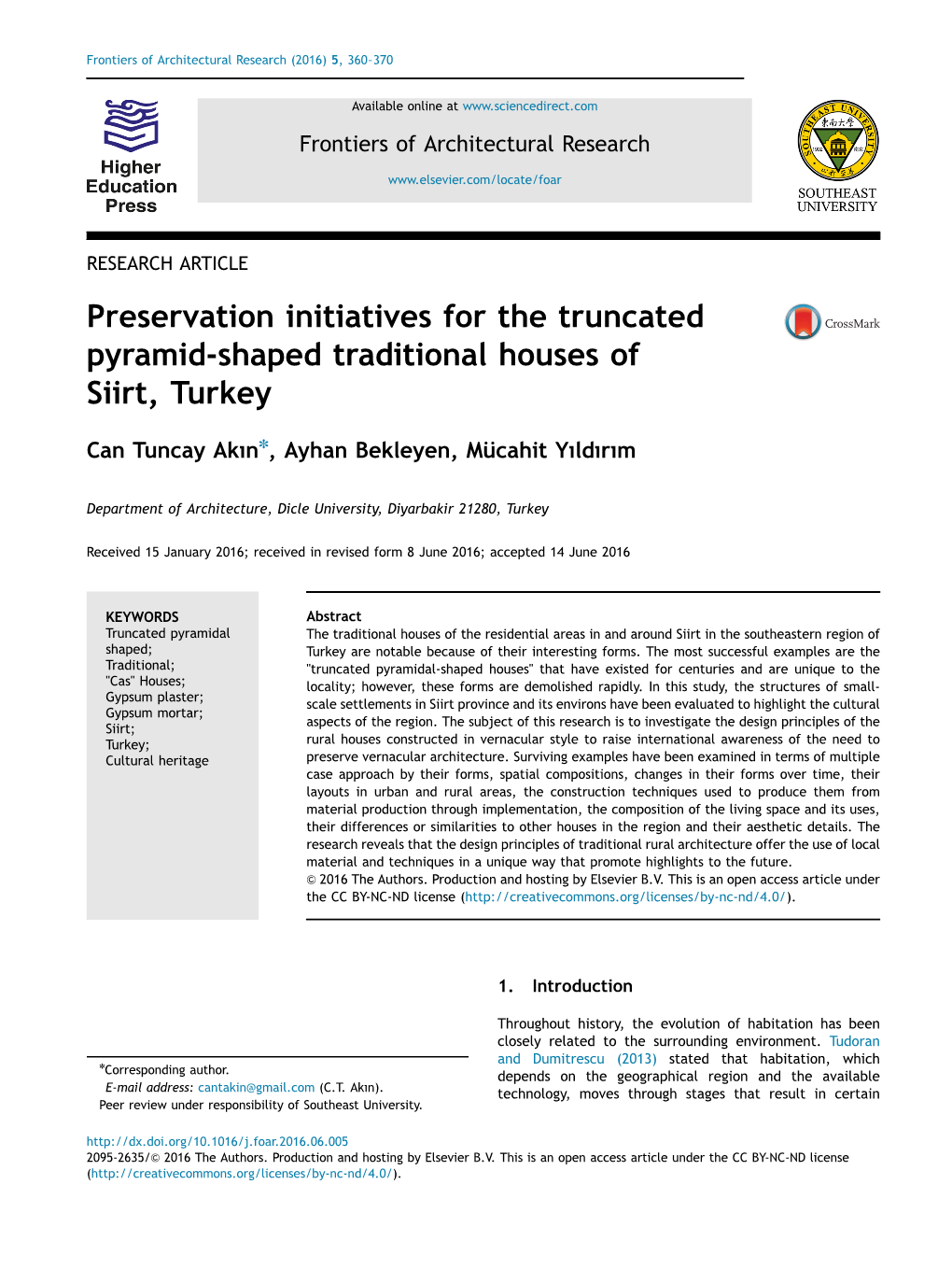 Preservation Initiatives for the Truncated Pyramid-Shaped Traditional Houses of Siirt, Turkey