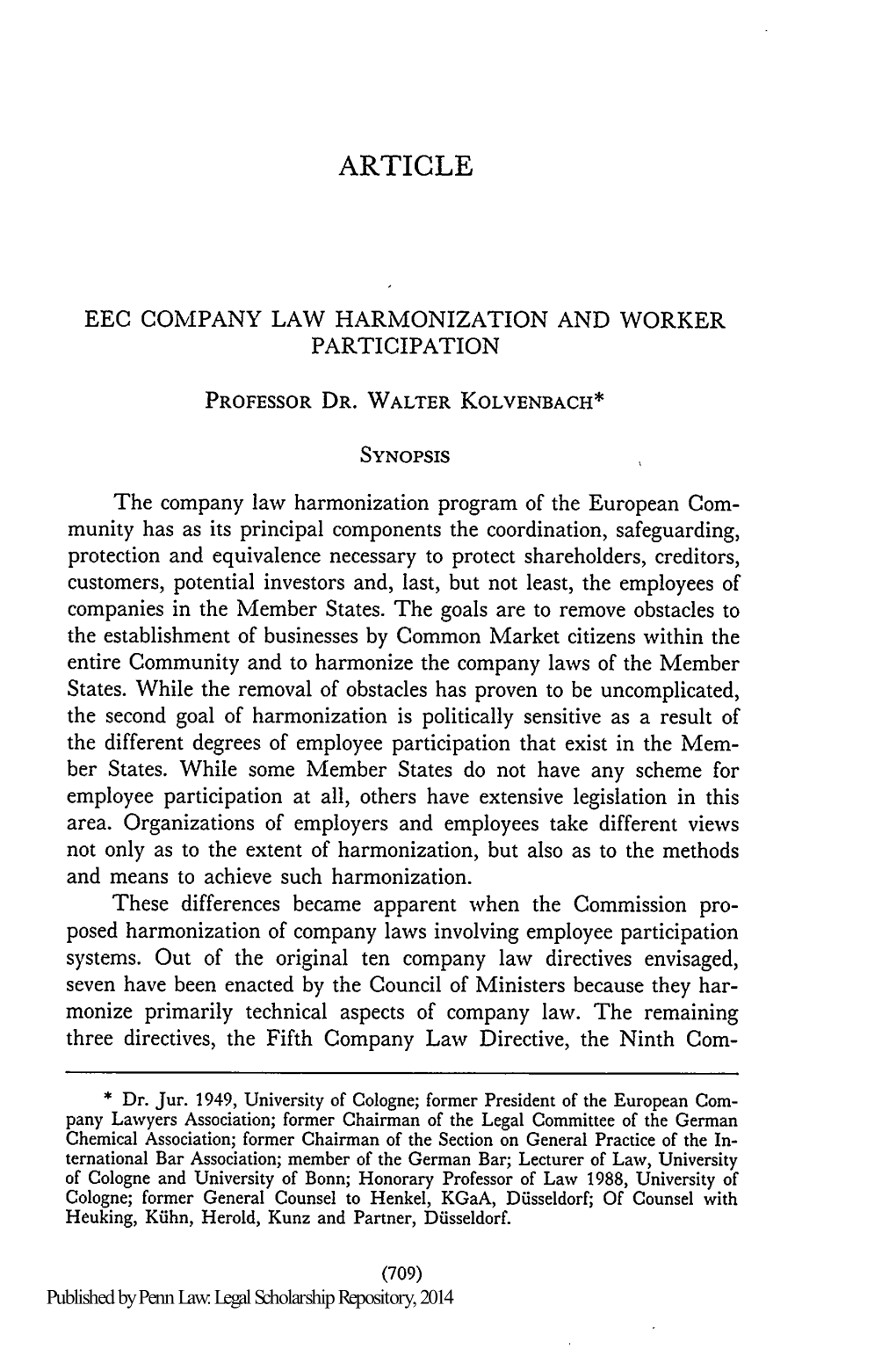 Eec Company Law Harmonization and Worker Participation