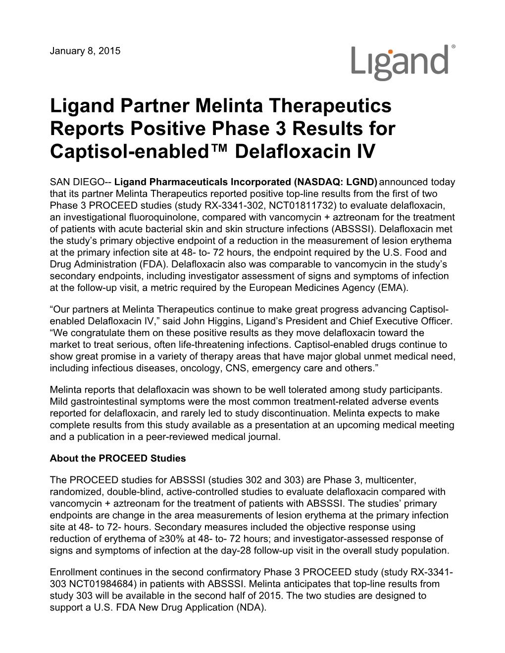 Ligand Partner Melinta Therapeutics Reports Positive Phase 3 Results for Captisol-Enabled™ Delafloxacin IV