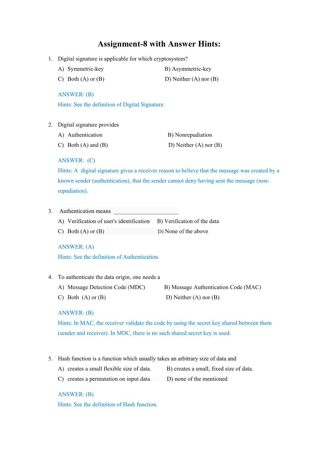 Assignment-8 with Answer Hints