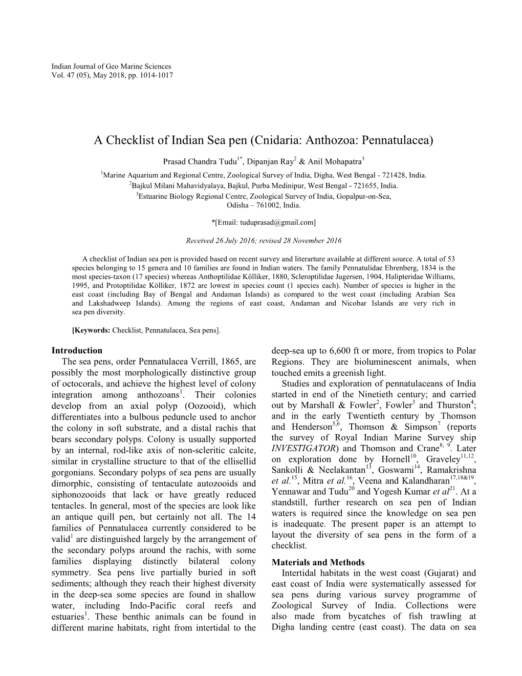 A Checklist of Indian Sea Pen (Cnidaria: Anthozoa: Pennatulacea)