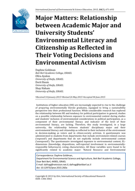 Relationship Between Academic Major and University Students’ Environmental Literacy and Citizenship As Reflected in Their Voting Decisions and Environmental Activism