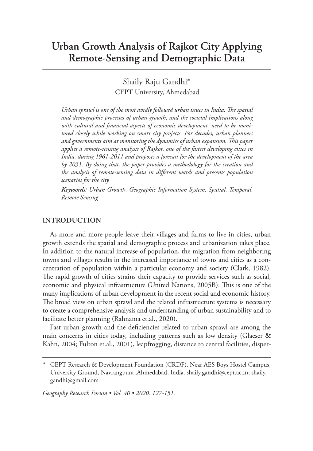 Urban Growth Analysis of Rajkot City Applying Remote-Sensing and Demographic Data