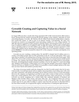 Cyworld: Creating and Capturing Value in a Social Network