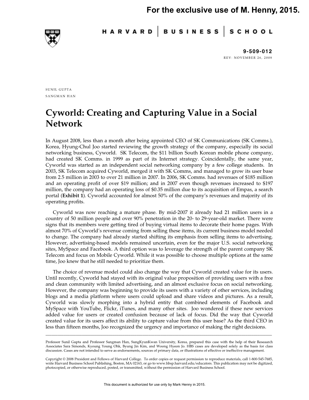 Cyworld: Creating and Capturing Value in a Social Network