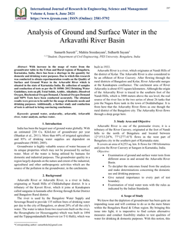 Analysis of Ground and Surface Water in the Arkavathi River Basin