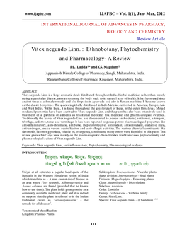 Vitex Negundo Linn. : Ethnobotany, Phytochemistry and Pharmacology- a Review