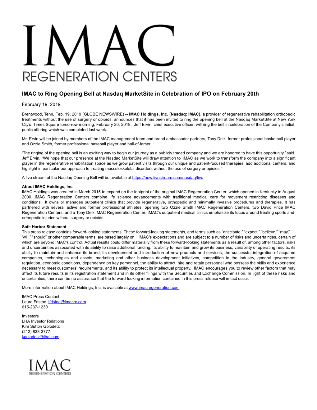 IMAC to Ring Opening Bell at Nasdaq Marketsite in Celebration of IPO on February 20Th