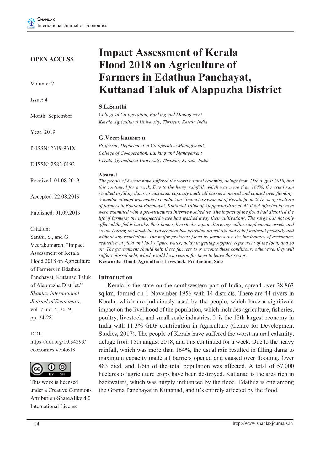 Impact Assessment of Kerala Flood 2018 on Agriculture of Farmers in Edathua Panchayat, Kuttanad Taluk of Alappuzha District