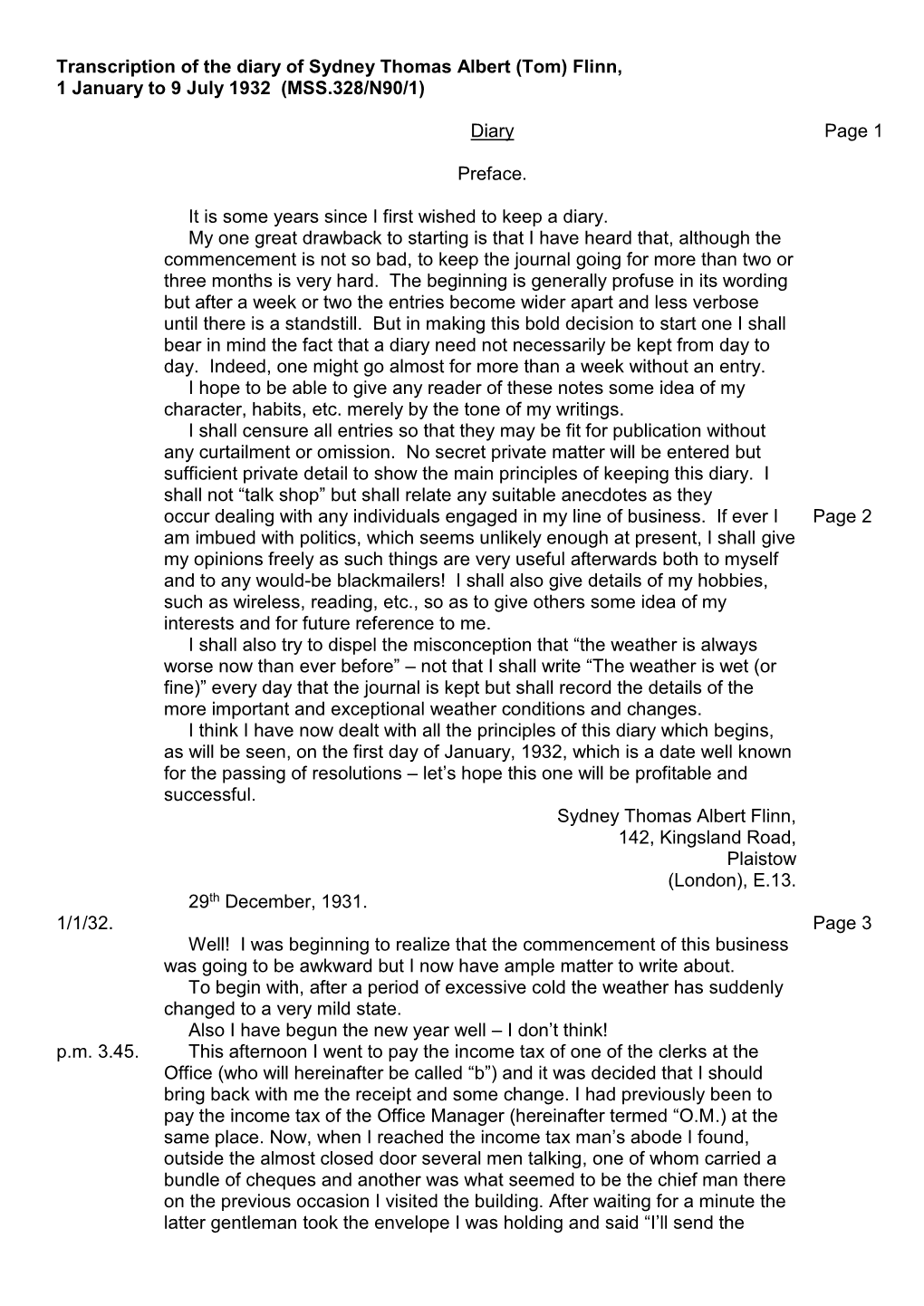 Transcription of the Diary of Sydney Thomas Albert (Tom) Flinn, 1 January to 9 July 1932 (MSS.328/N90/1)