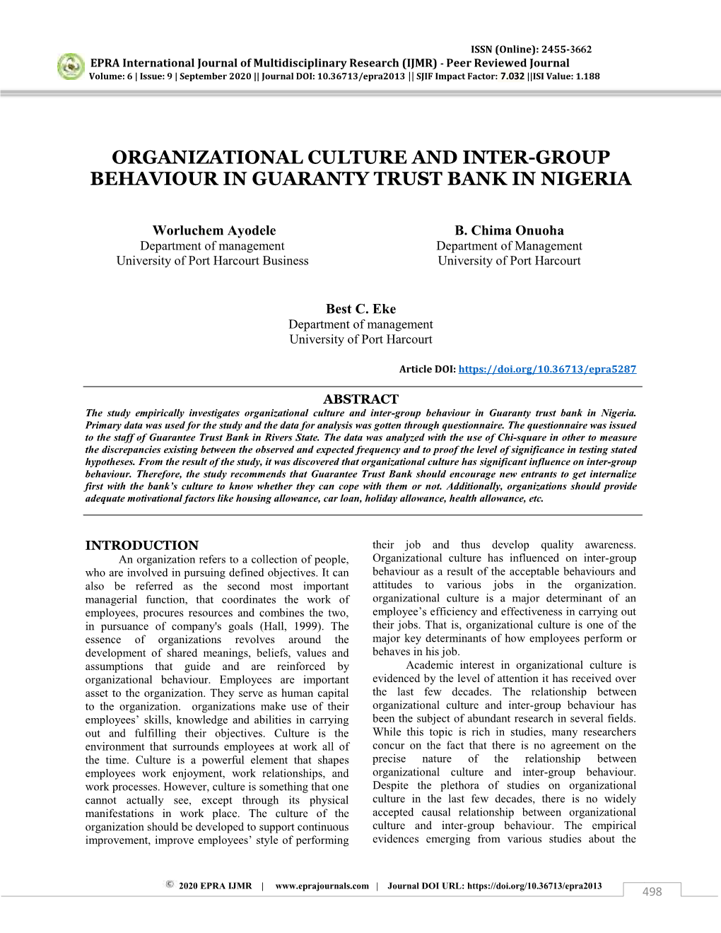 Organizational Culture and Inter-Group Behaviour in Guaranty Trust Bank in Nigeria