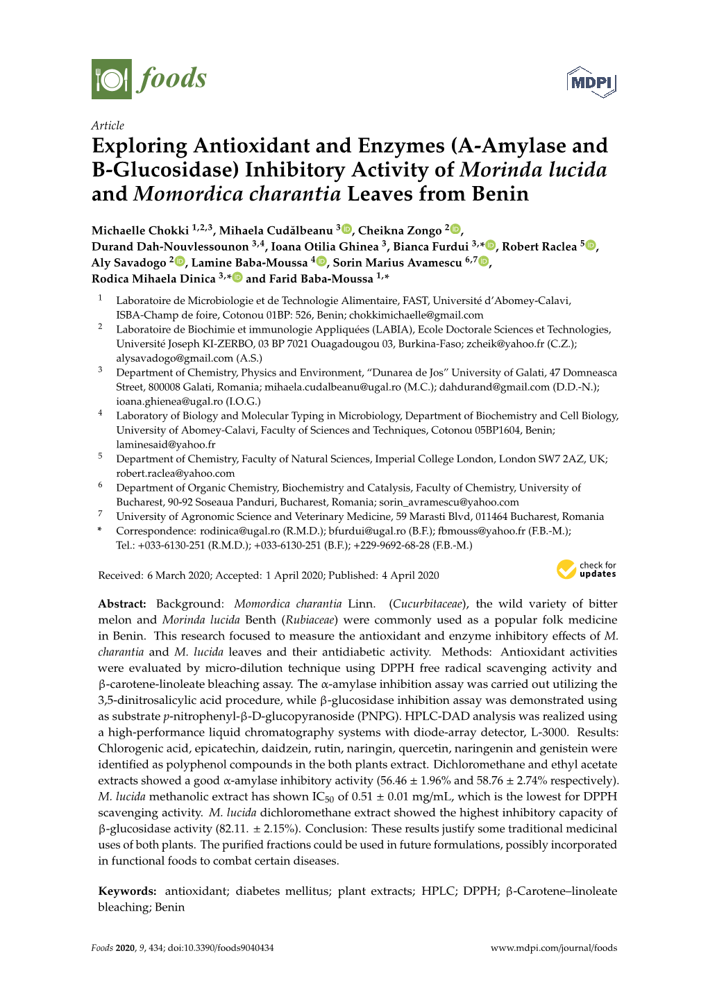 (A-Amylase and B-Glucosidase) Inhibitory Activity of Morinda Lucida and Momordica Charantia Leaves from Benin