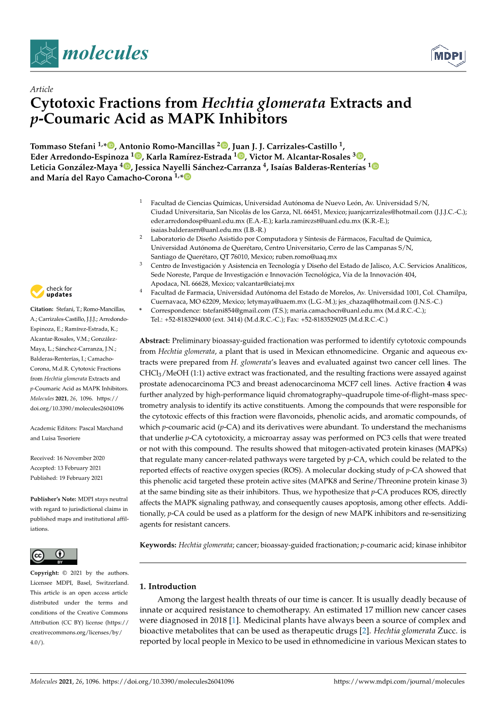 Cytotoxic Fractions from Hechtia Glomerata Extracts and P-Coumaric Acid As MAPK Inhibitors