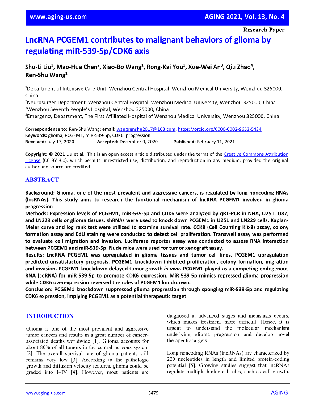 Lncrna PCGEM1 Contributes to Malignant Behaviors of Glioma by Regulating Mir-539-5P/CDK6 Axis