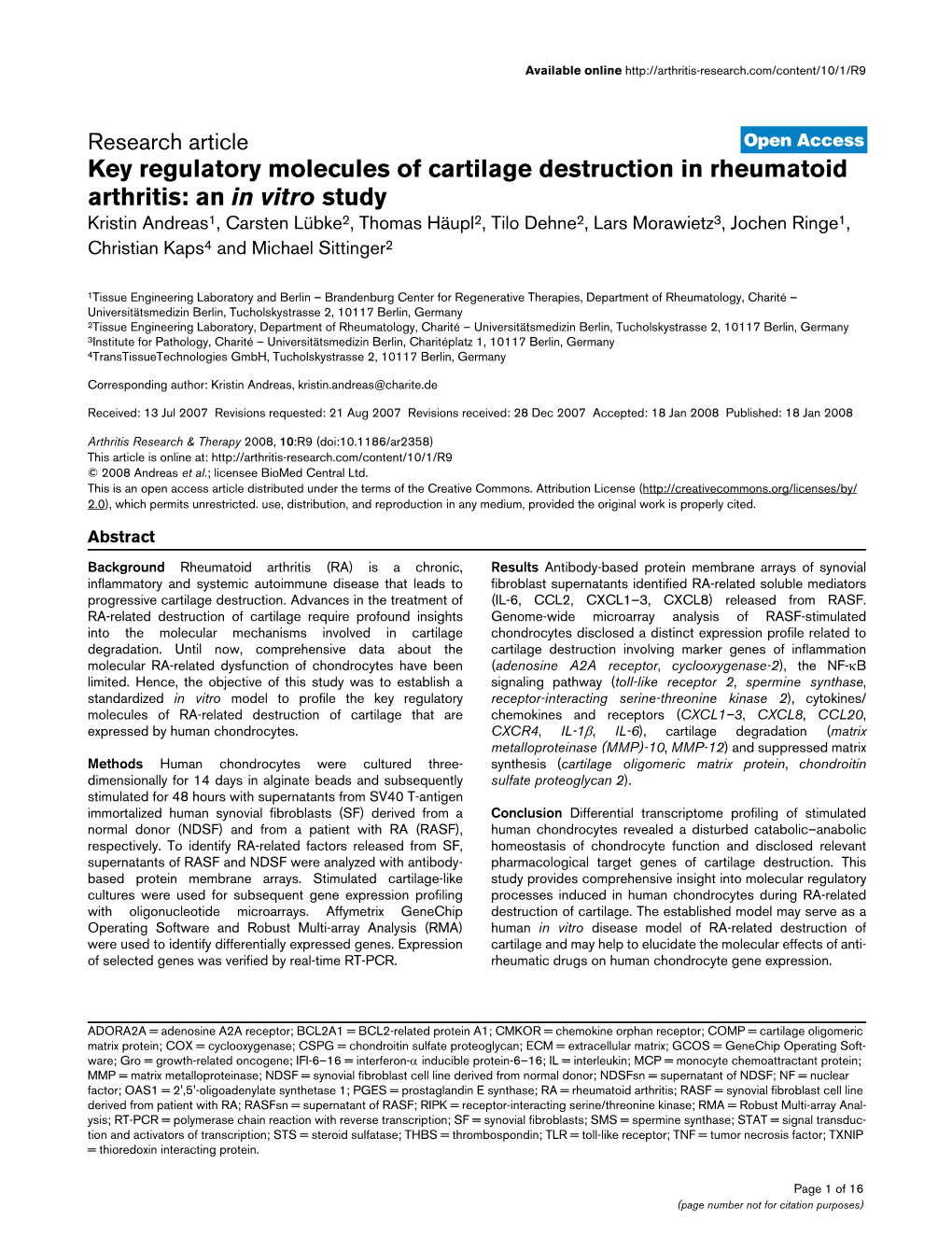 Key Regulatory Molecules of Cartilage Destruction in Rheumatoid Arthritis