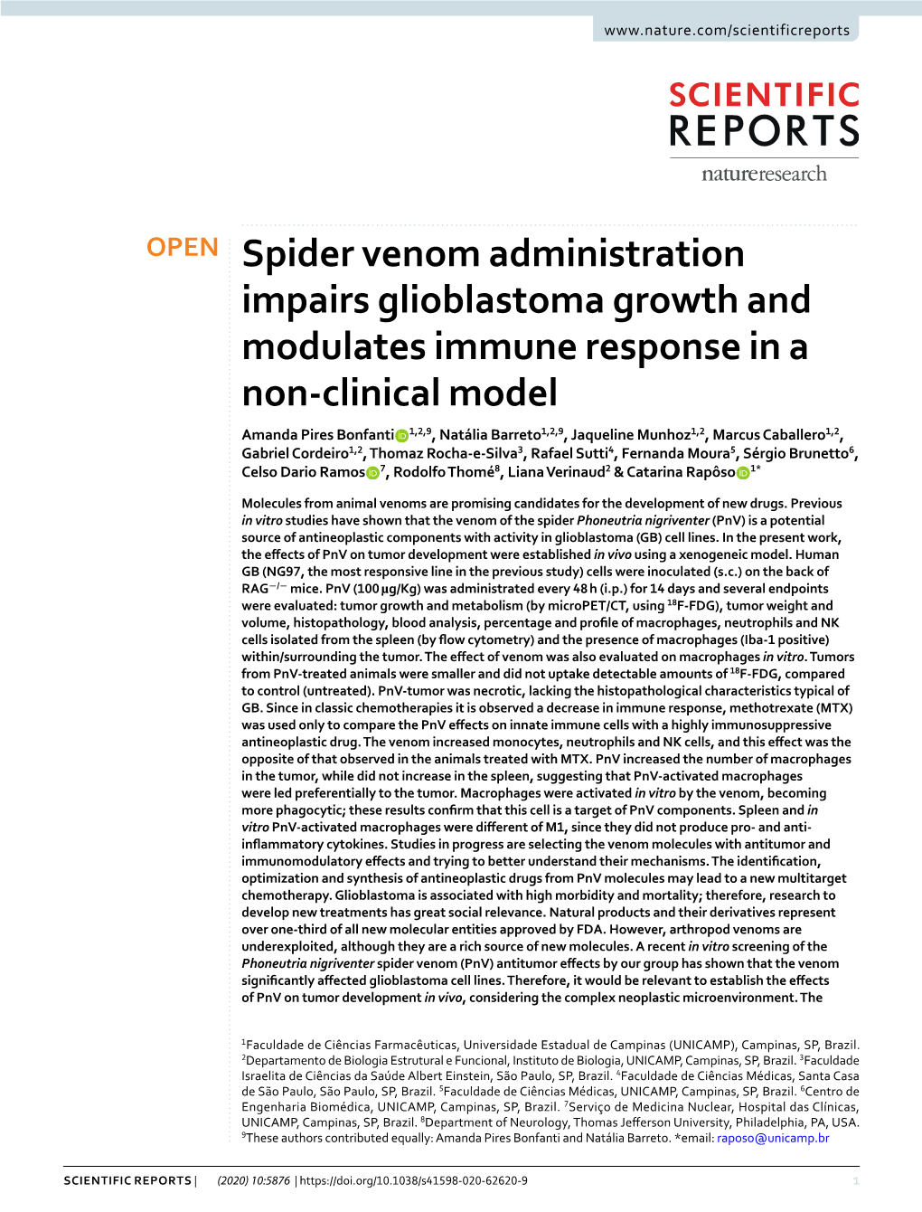 Spider Venom Administration Impairs Glioblastoma Growth and Modulates