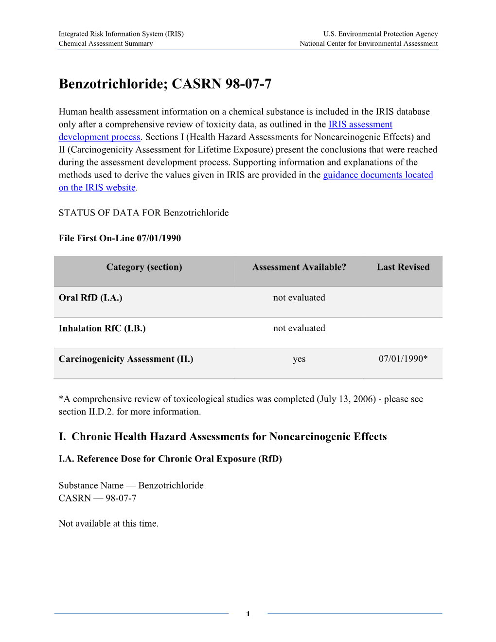 Benzotrichloride (CASRN 98-07-7) | IRIS