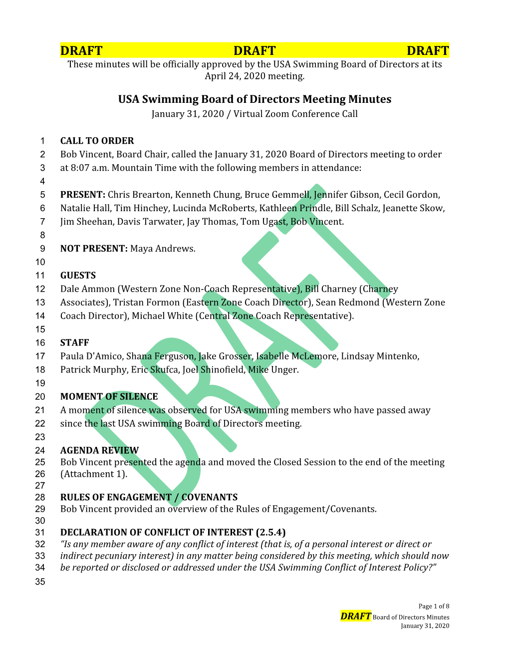 DRAFT DRAFT DRAFT These Minutes Will Be Officially Approved by the USA Swimming Board of Directors at Its April 24, 2020 Meeting