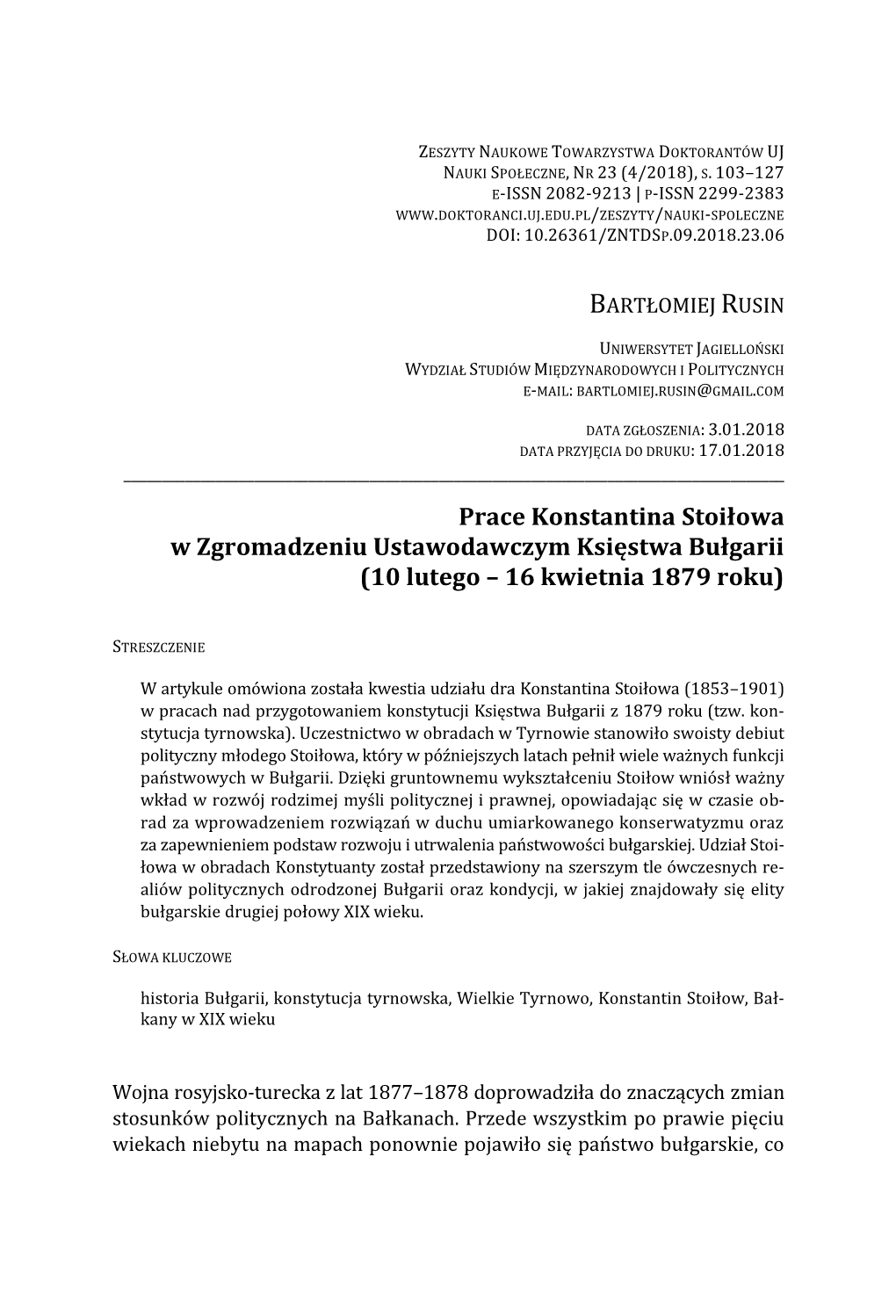 Prace Konstantina Stoiłowa W Zgromadzeniu Ustawodawczym Księstwa Bułgarii (10 Lutego – 16 Kwietnia 1879 Roku)