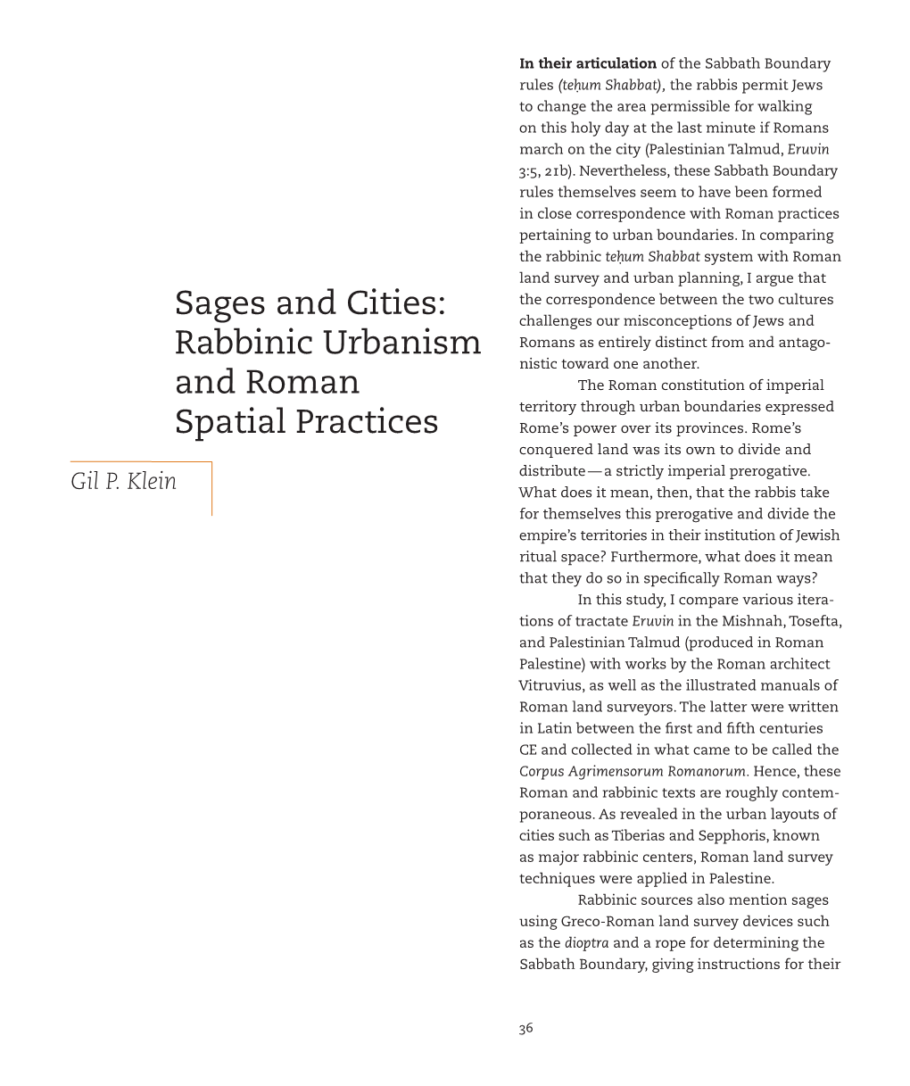 Sages and Cities: Rabbinic Urbanism and Roman Spatial Practices