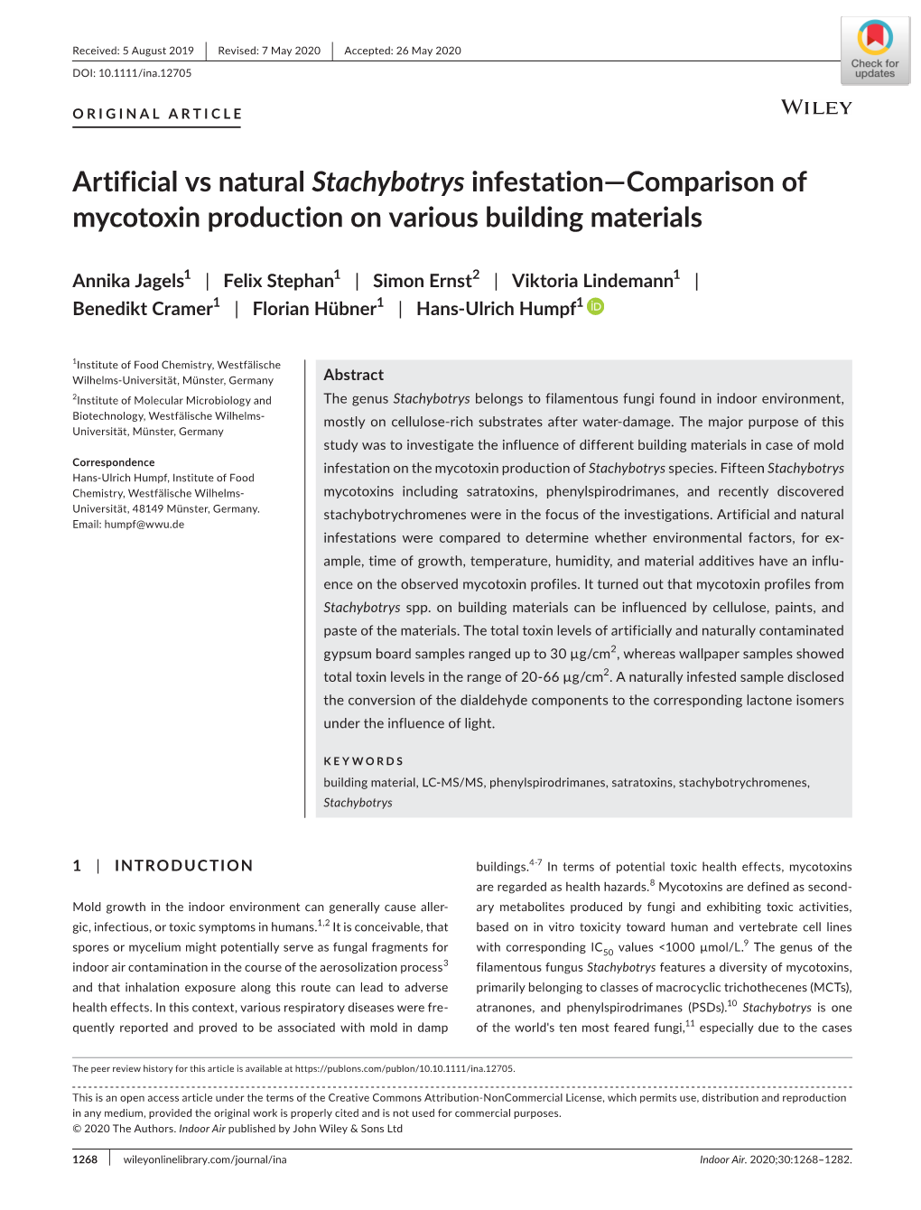 Artificial Vs Natural Stachybotrys Infestation—Comparison of Mycotoxin Production on Various Building Materials