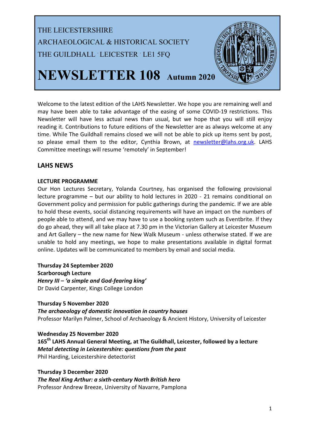 NEWSLETTER 108 Autumn 2020