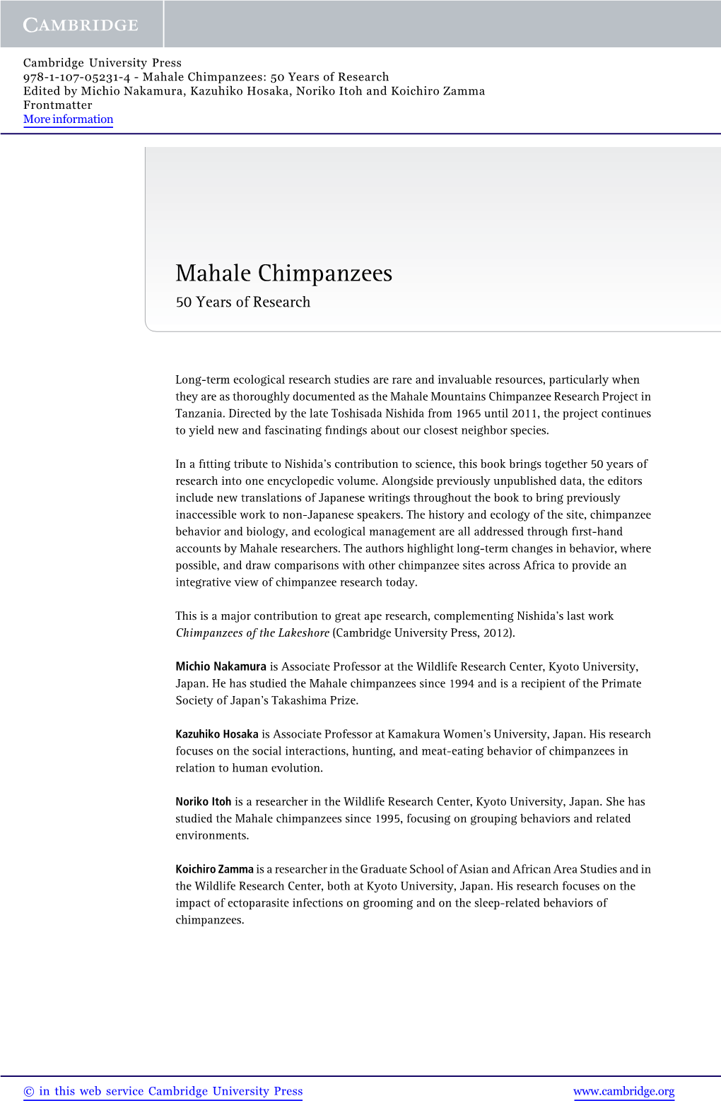 Mahale Chimpanzees: 50 Years of Research Edited by Michio Nakamura, Kazuhiko Hosaka, Noriko Itoh and Koichiro Zamma Frontmatter More Information