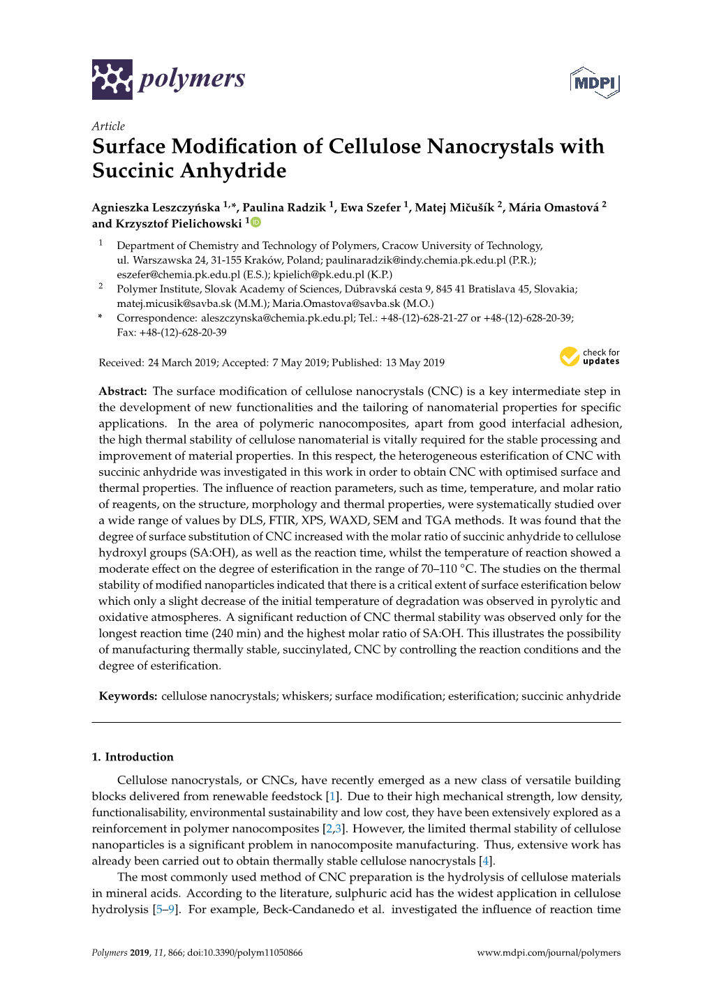 Surface Modification of Cellulose Nanocrystals with Succinic Anhydride