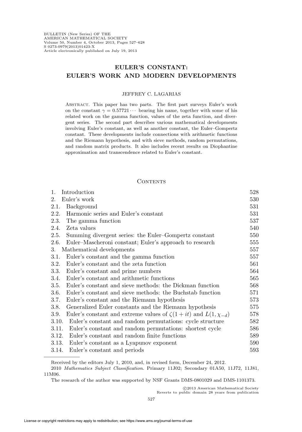 Euler's Constant: Euler's Work and Modern Developments