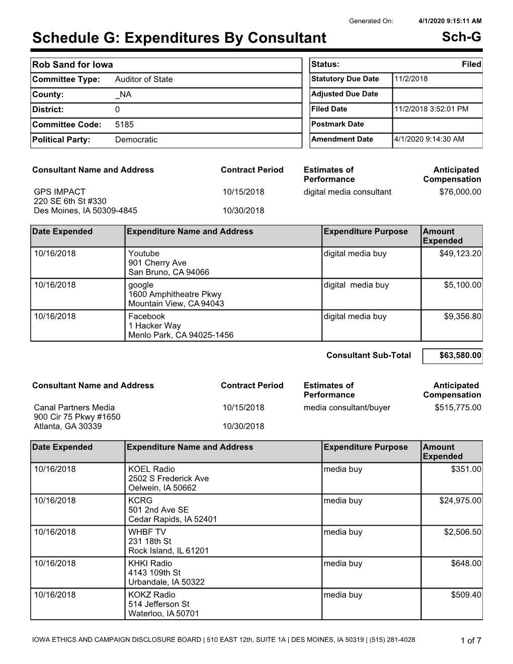 Schedule G: Expenditures by Consultant Sch-G