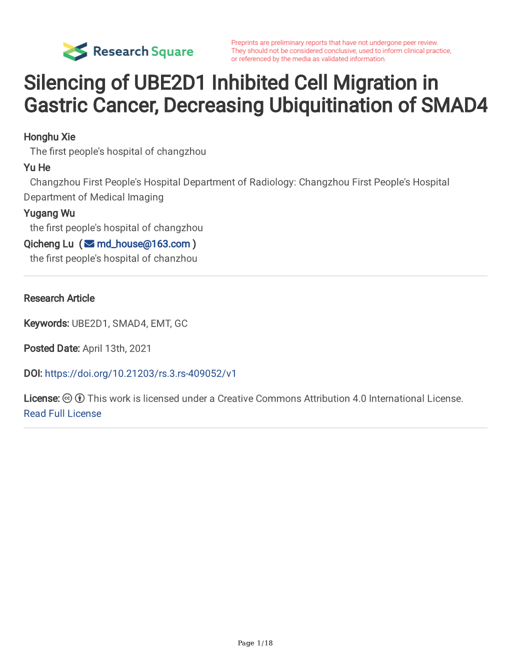 Silencing of UBE2D1 Inhibited Cell Migration in Gastric Cancer, Decreasing Ubiquitination of SMAD4