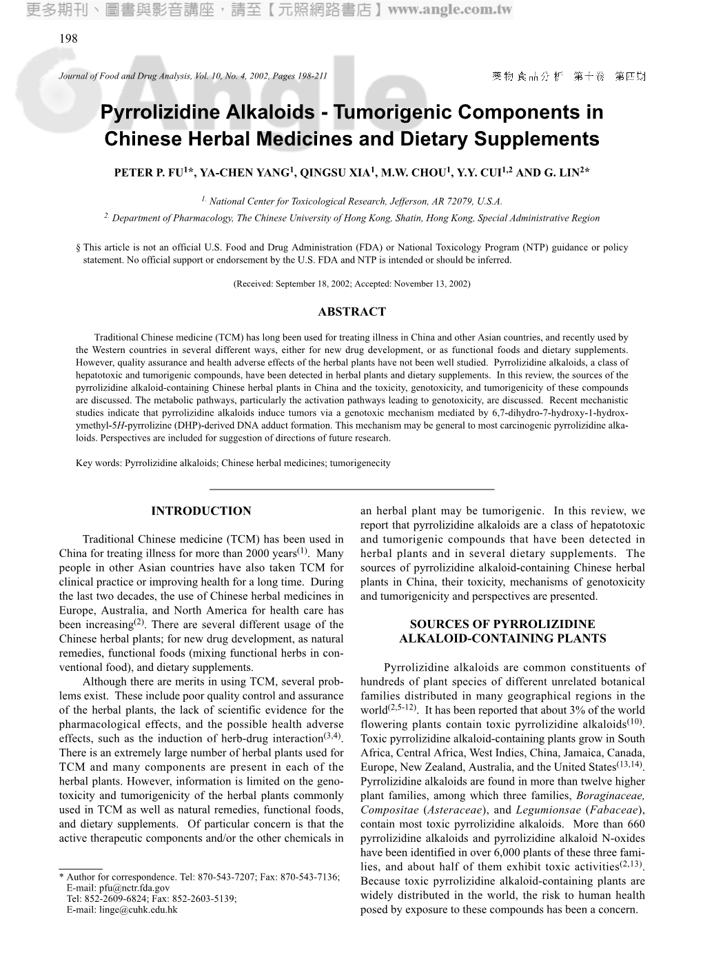 Pyrrolizidine Alkaloids - Tumorigenic Components in Chinese Herbal Medicines and Dietary Supplements