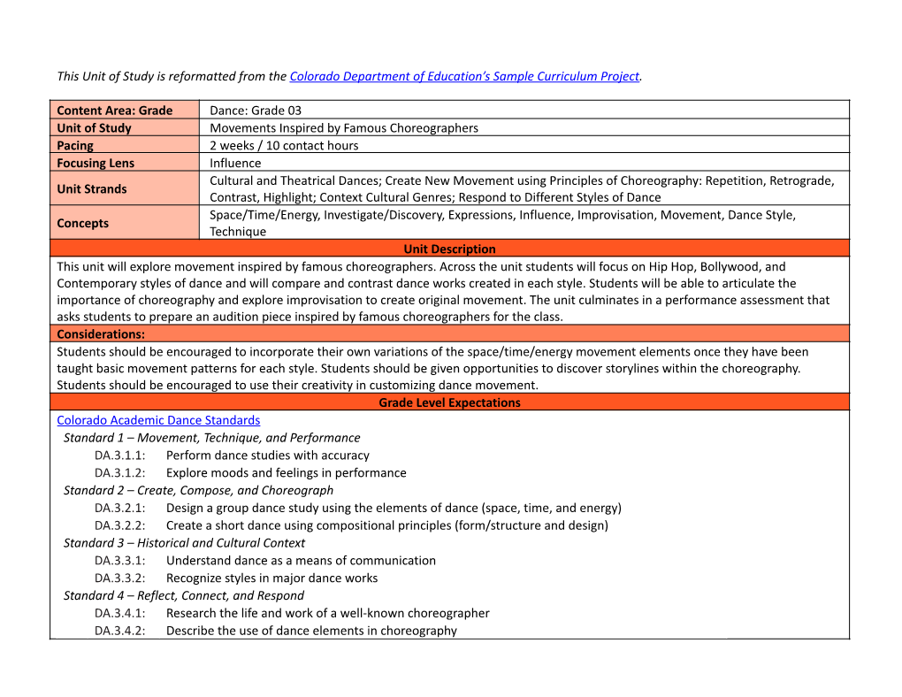 Dance Unit Movements Inspired by Famous Choregraphers, G3.Docx