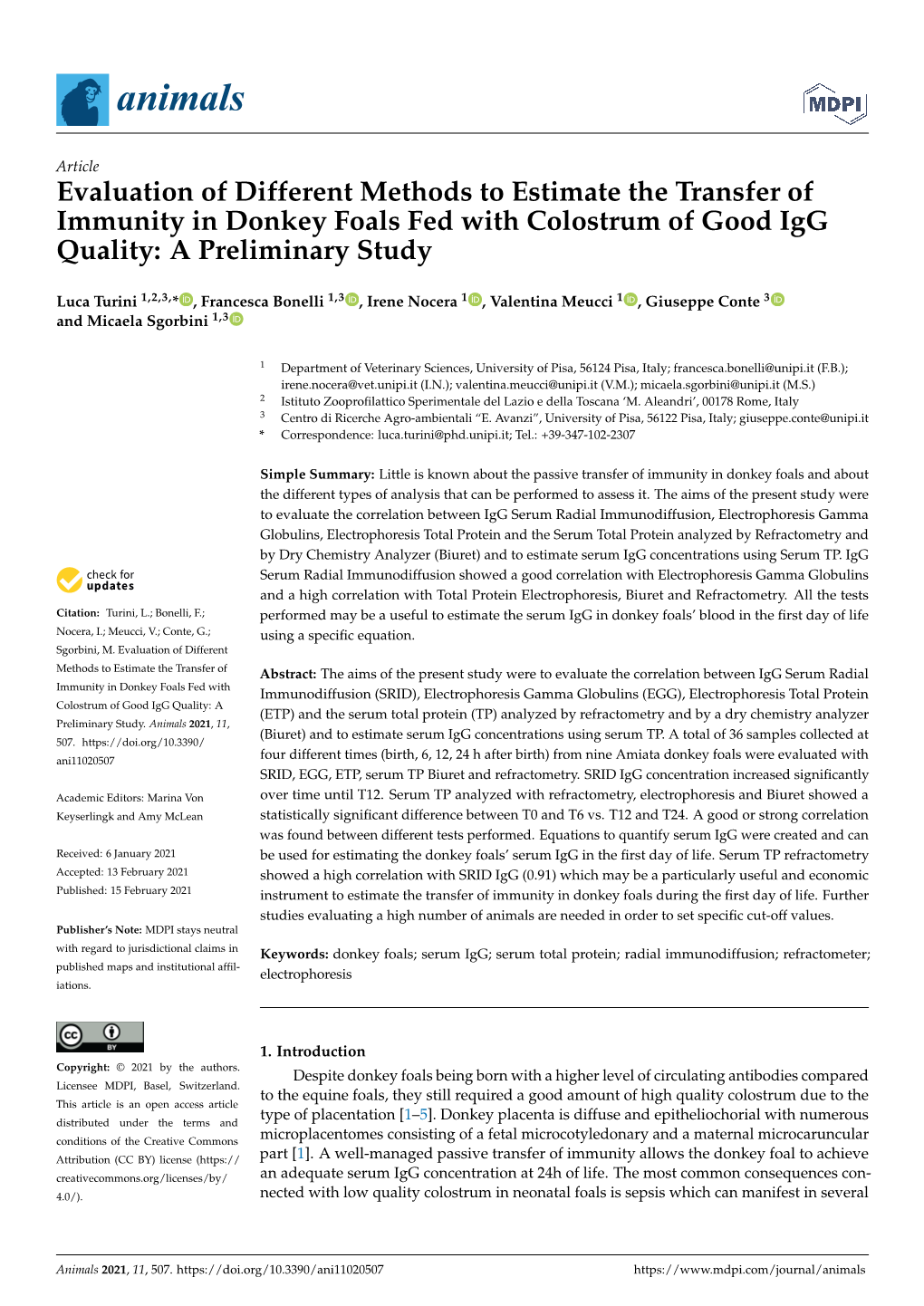 Evaluation of Different Methods to Estimate the Transfer of Immunity in Donkey Foals Fed with Colostrum of Good Igg Quality: a Preliminary Study