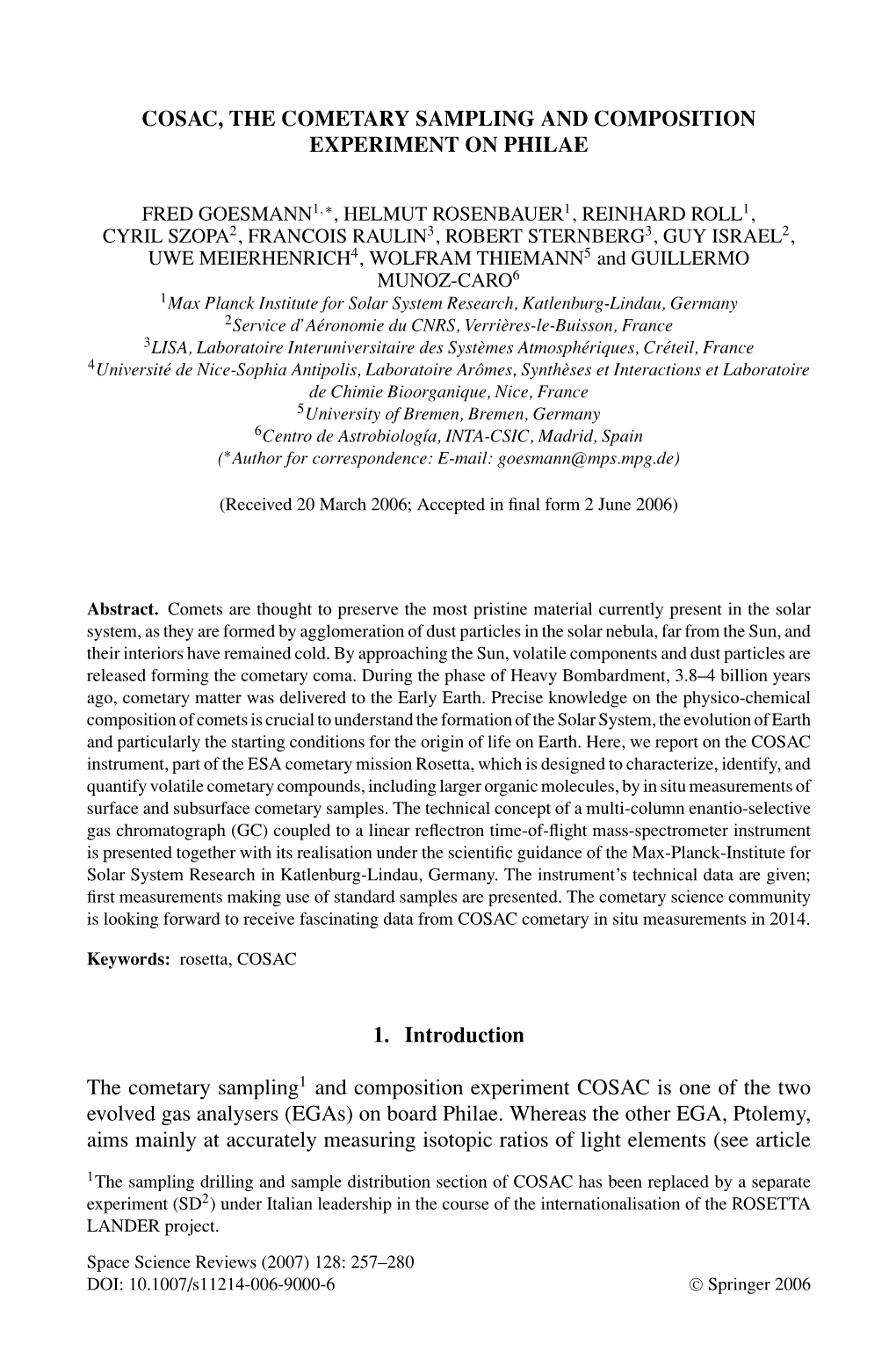 Cosac, the Cometary Sampling and Composition Experiment on Philae