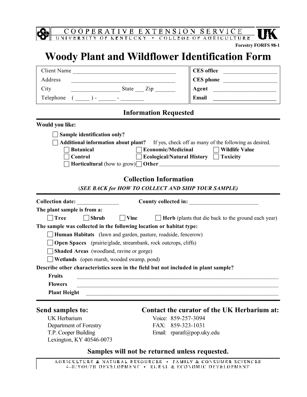 Woody Plant and Wildflower Identification Form