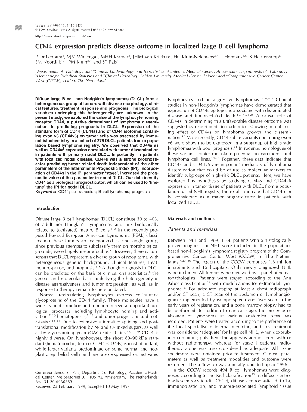 CD44 Expression Predicts Disease Outcome in Localized Large B Cell