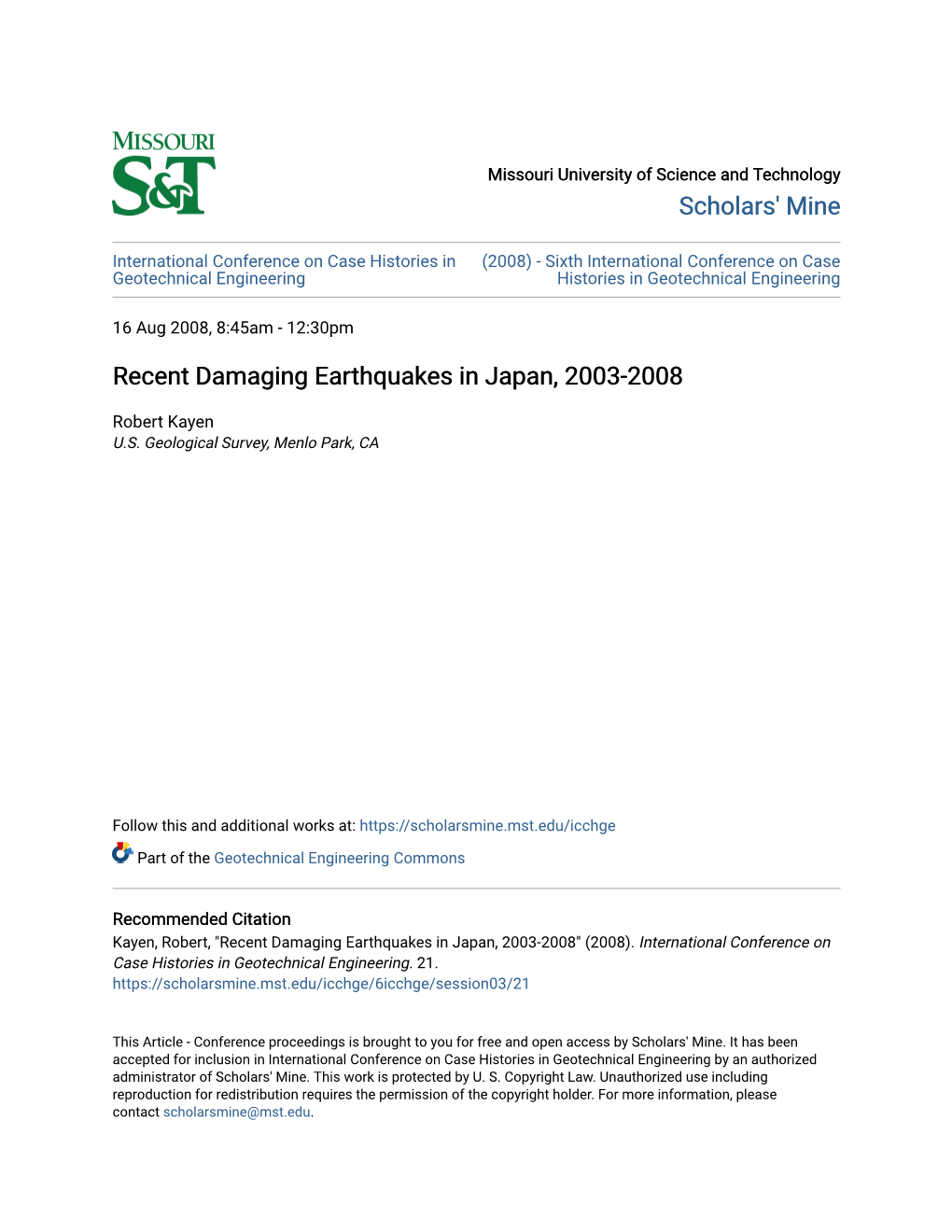 Recent Damaging Earthquakes in Japan, 2003-2008