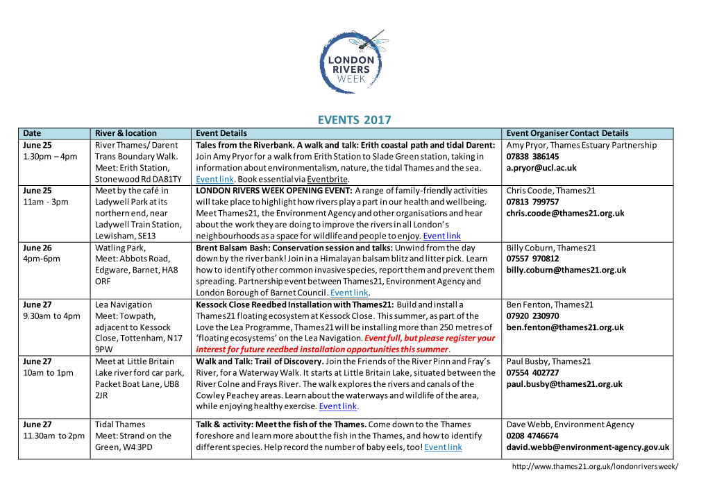 EVENTS 2017 Date River & Location Event Details Event Organiser Contact Details June 25 River Thames/ Darent Tales from the Riverbank