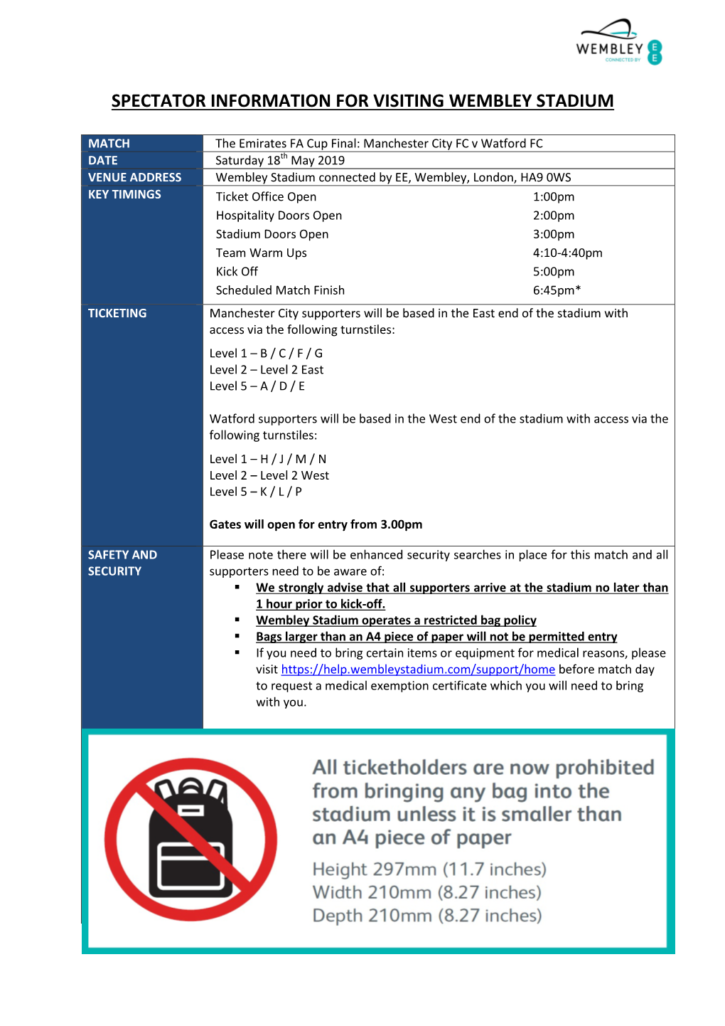 Spectator Information for Visiting Wembley Stadium