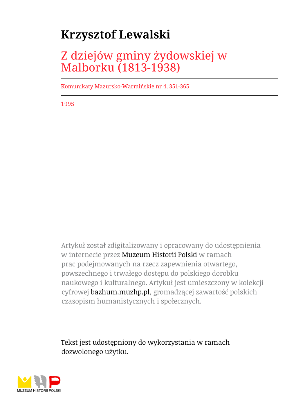 Krzysztof Lewalski Z Dziejów Gminy Żydowskiej W Malborku (1813-1938)