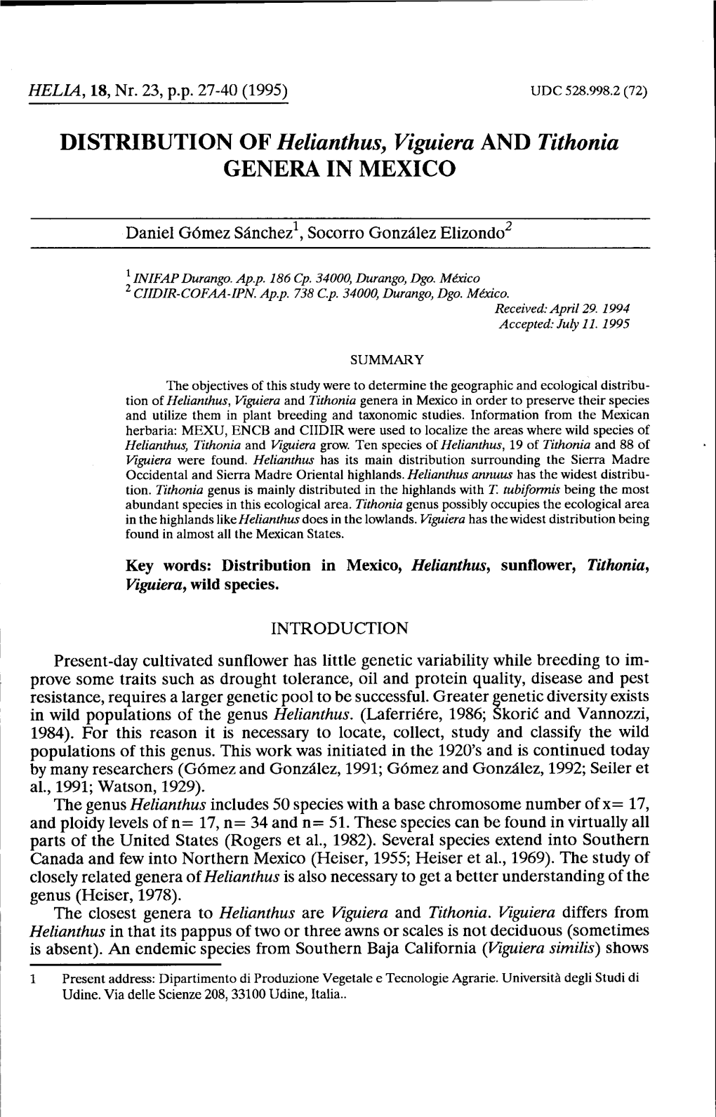DISTRIBUTION of Helianthus, Viguiera and Tithonia GENERA in MEXTCO