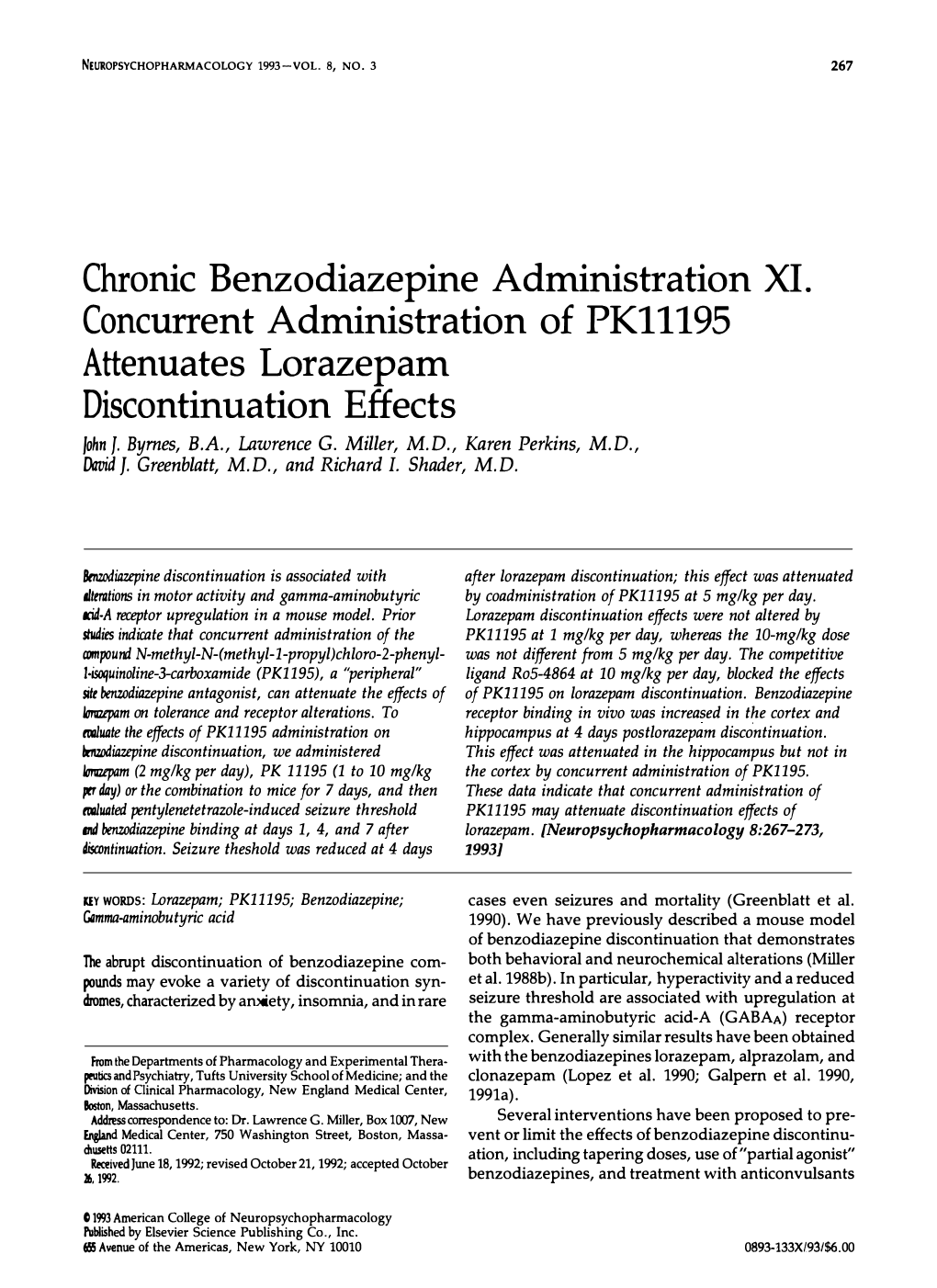 Chronic Benzodiazepine Administration Concurrent