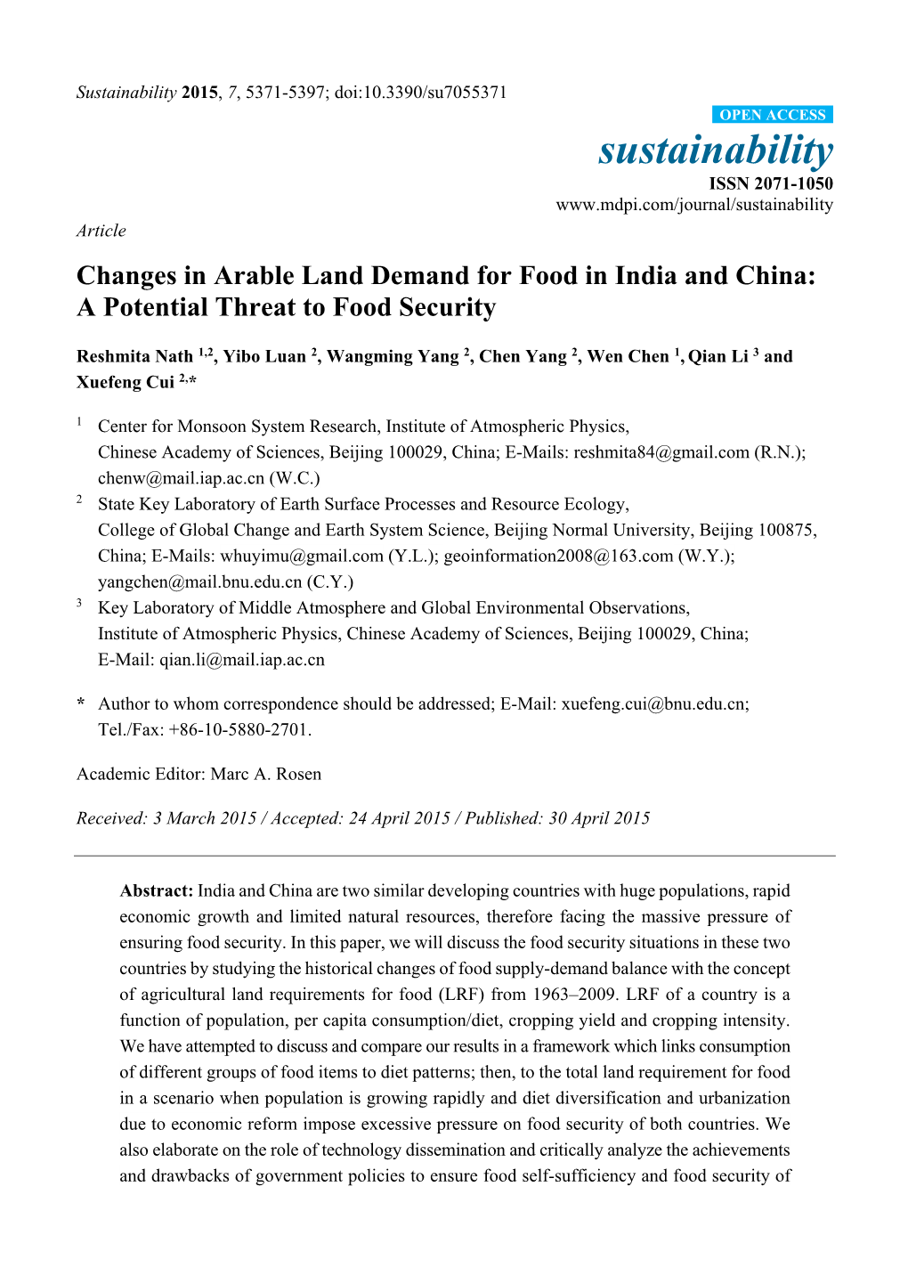 Changes in Arable Land Demand for Food in India and China: a Potential Threat to Food Security