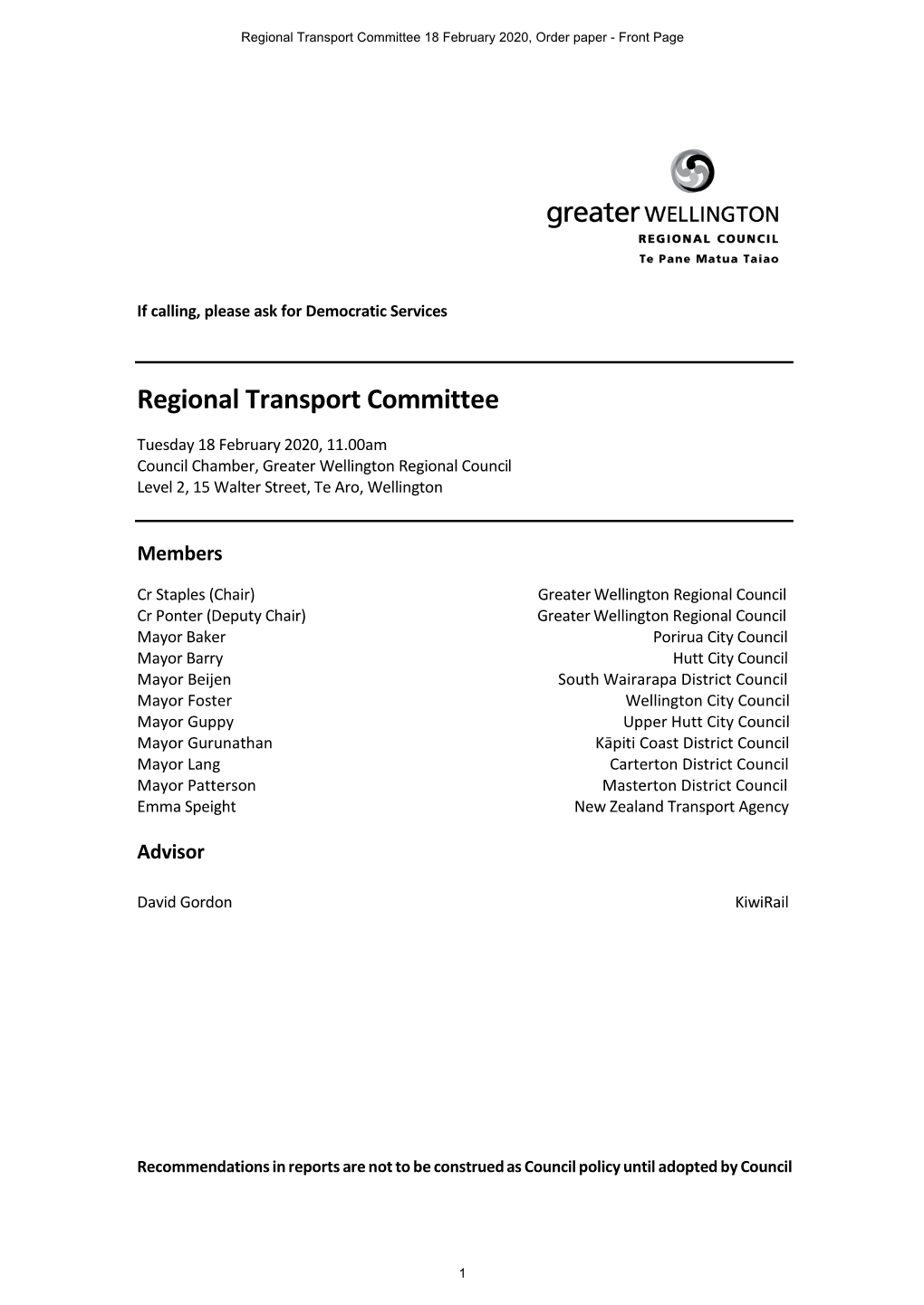 Regional Transport Committee 18 February 2020, Order Paper - Front Page