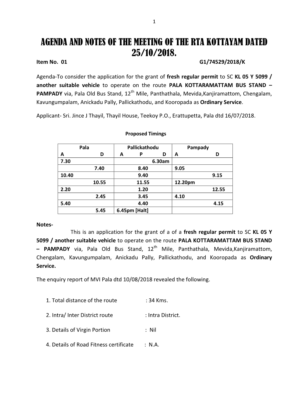 AGENDA and NOTES of the MEETING of the RTA KOTTAYAM DATED 25/10/2018. Item No